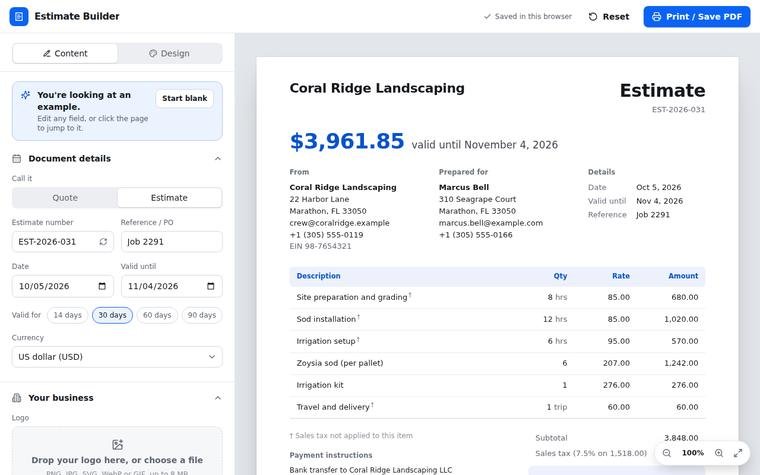 Preview of Estimate Builder