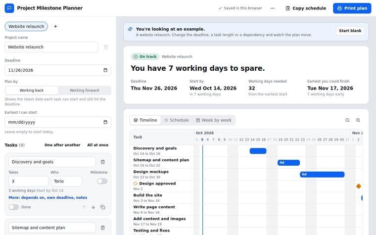 Preview of Project Milestone Planner